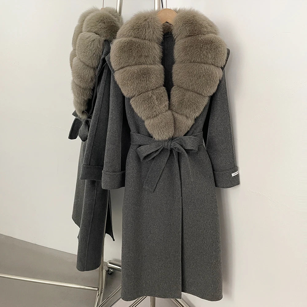 OFTBUY Belted Elegant Warm Outerwear Coat Female Women's Luxury Double-Faced Wool Jacket Winter Oversized Real Fox Fur Collar