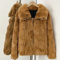 OFTBUY Luxury Zip Up Real Rabbit Fur Short Jacket - Oversized Fold Collar Solid Genuine Rabbit Fur Winter Coat