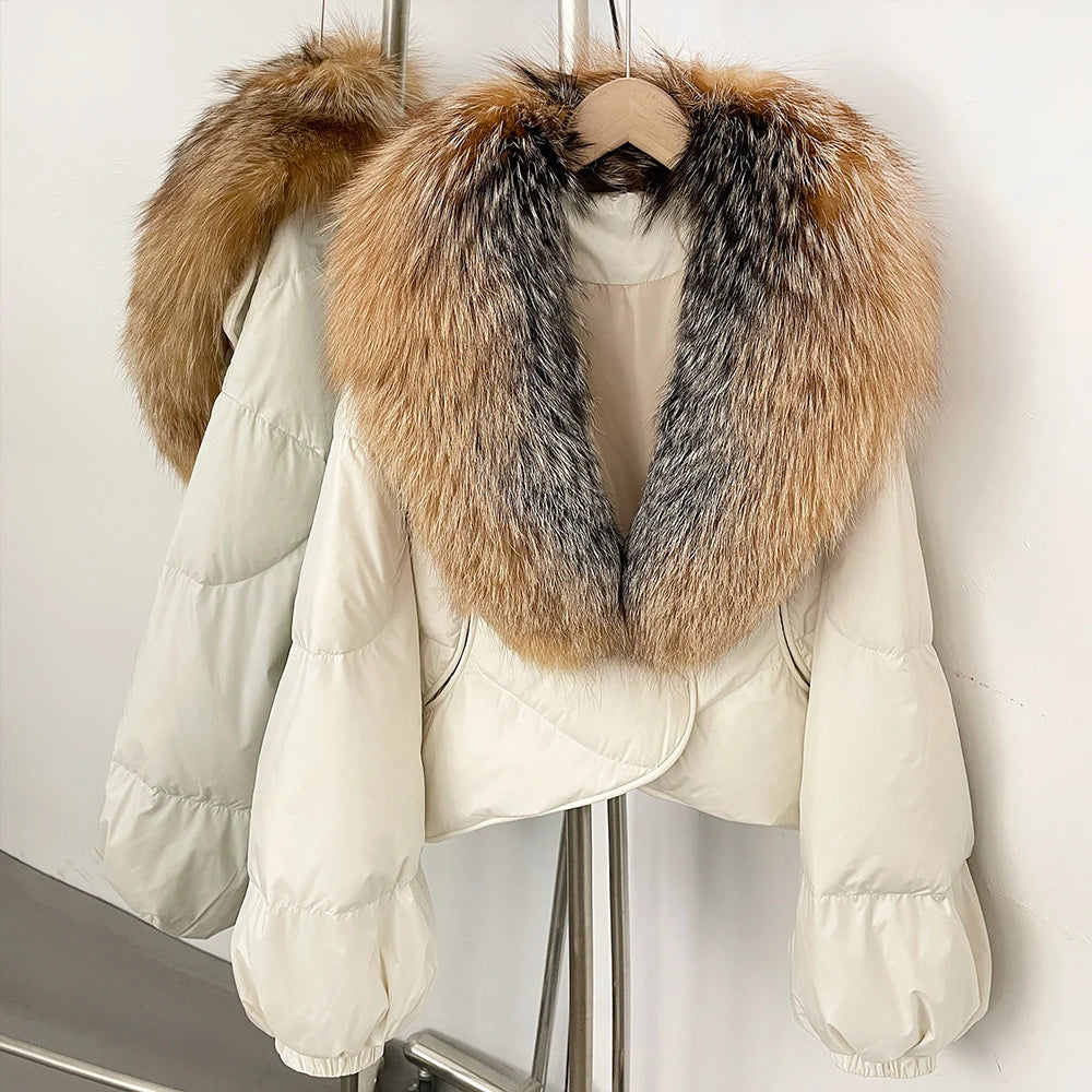 OFTBUY New Winter Real Fox Fur Short Puffer Jackets Women Natural Thick Warm 90% White Duck Down Cropped Loose Waterproof Coat