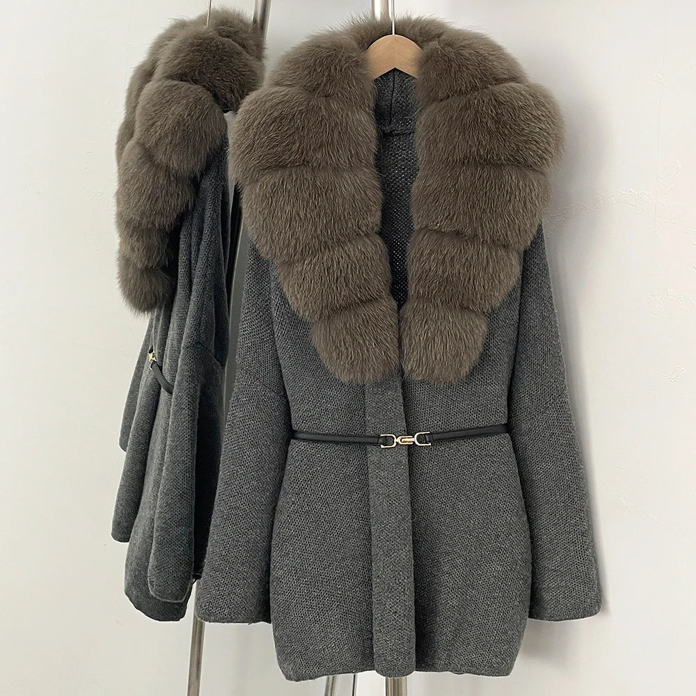 OFTBUY New Autumn Winter Luxury Fashion Outerwear Lady Women's Knit Coat with Large Real Fox Fur Collar Belt Textured Knit Warm