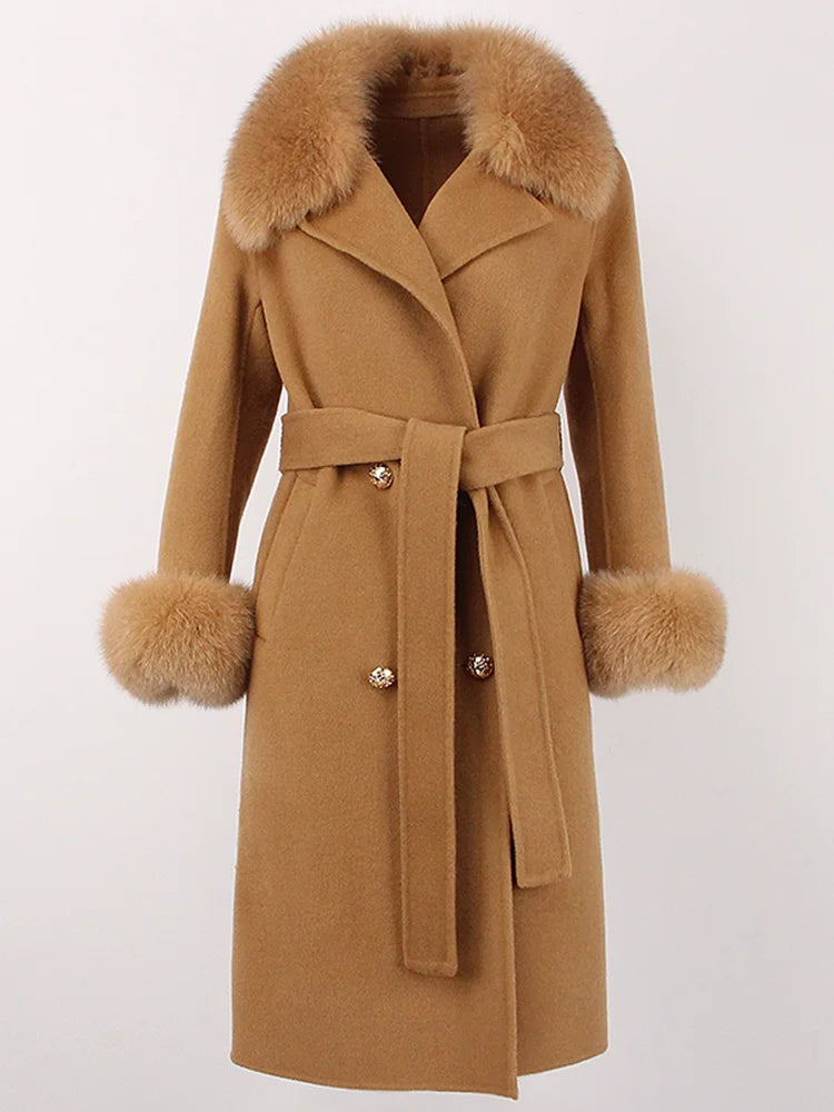 OFTBUY Winter Jacket Women Long Natural Wool Blends Cashmere Real Fur Coat Double Breasted Belt Warm Streetwear New Fashion