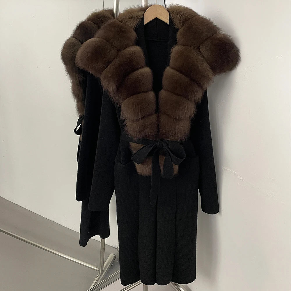 OFTBUY New Natural Fur Collar Long Knit Jacket Women Atrumn Winter Top Clothing Female Fashion Warm Belt Real Fox Fur Cardigan
