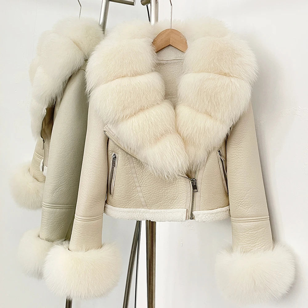 OFTBUY New Winter Real Fox Fur Collar and Cuffs Clothes Women Short Faux Leather Fake Fur Inner Jacket Female Thick Warm Coat