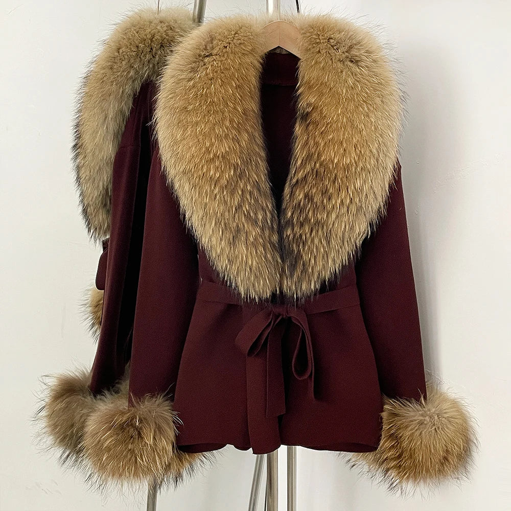 OFTBUY New Women's Knit Cardigan with Real Fox Fur Collar and Cuff Belt Luxury Coat Warm Autumn Fashion Outerwear Sweater Female