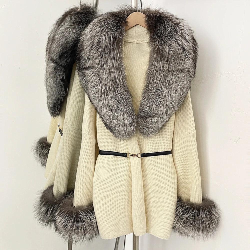 OFTBUY Belt Knit Warm Winter Luxury Casual Fashion Outerwear Sweater Female New Women's Knit Coat with Large Real Fox Fur Collar