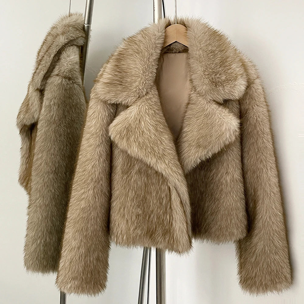 OFTBUY Autumn Winter Clothes Women Fashion Short Faux Fur Jacket Suit Collar Fake Fur Coat Long Sleeve Artificial Fox Fur Overcoat