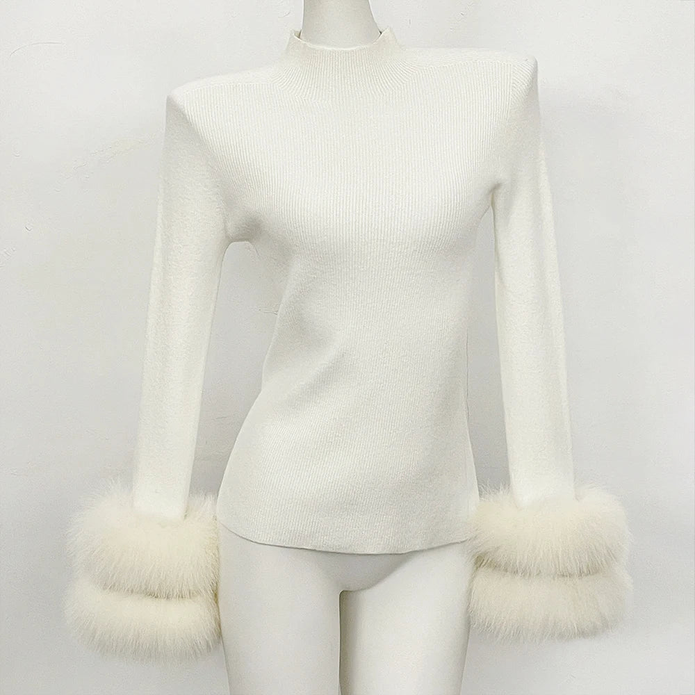 OFTBUY Luxury Mock Neck Ribbed Knit Top with Oversized 100% Real Fox Fur Cuffs