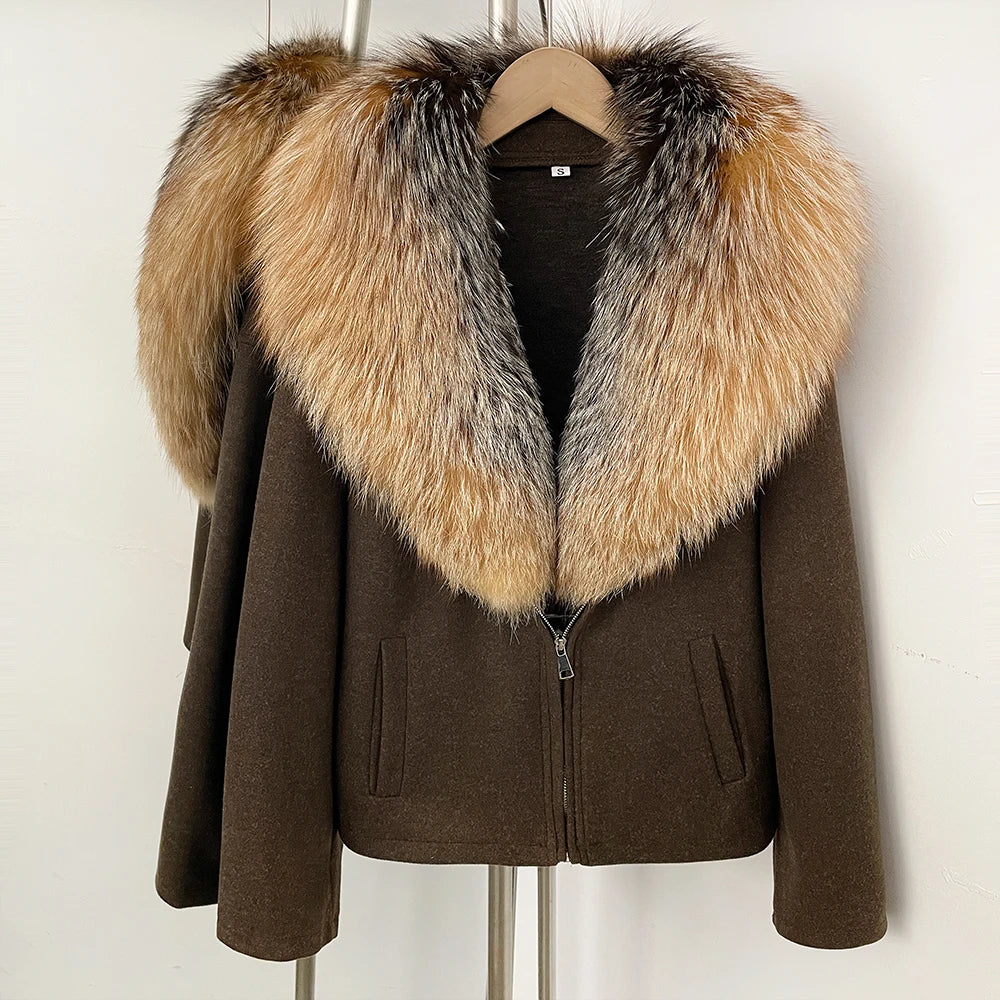 OFTBUY Women's Luxury Real Fox Fur Collar Knit Coat Warm New Autumn Winter Jacket Female Elegant Cardigan Sweater Outerwear