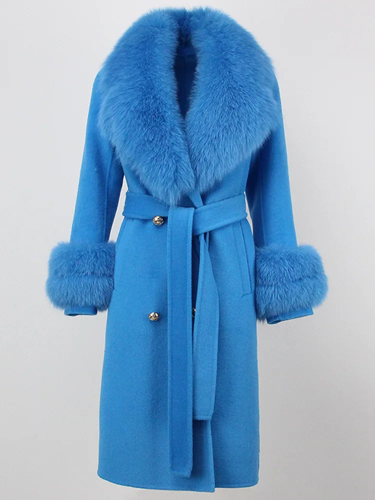 OFTBUY Winter Jacket Women Long Natural Wool Blends Cashmere Real Fur Coat Double Breasted Belt Warm Streetwear New Fashion