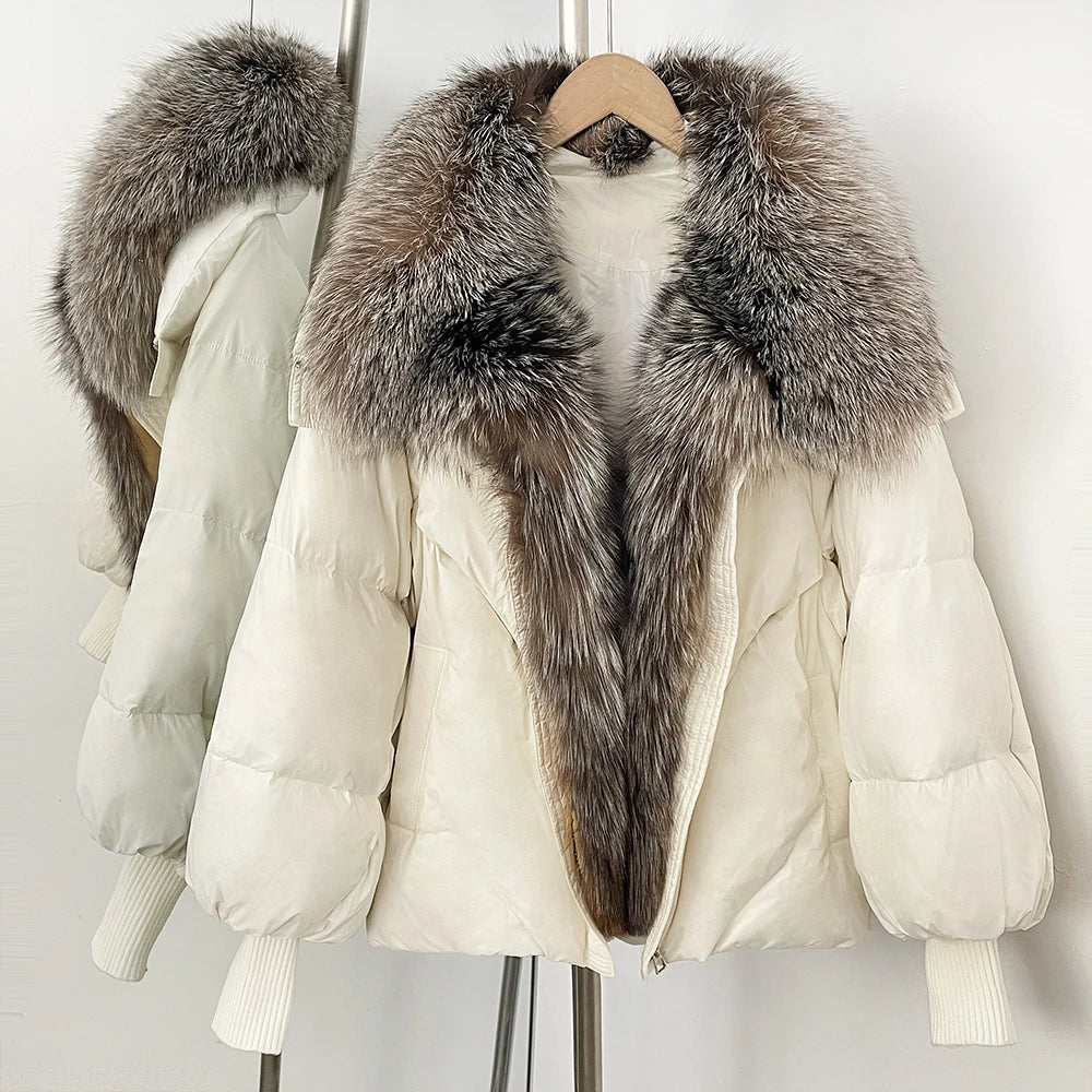 OFTBUY New Puffy Sleeve Warm Loose Puffer Jacket Winter Luxury Outerwear Women's Duck Down Jacket with Large Real Fox Fur Collar