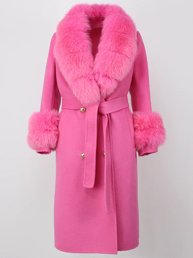 OFTBUY Winter Jacket Women Long Natural Wool Blends Cashmere Real Fur Coat Double Breasted Belt Warm Streetwear New Fashion