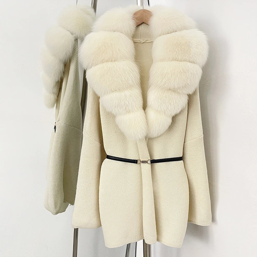 OFTBUY New Autumn Winter Luxury Fashion Outerwear Lady Women's Knit Coat with Large Real Fox Fur Collar Belt Textured Knit Warm