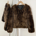 OFTBUY Women's Brown Patchwork Real Rex Rabbit Fur Short Coat V-Neck Open Front Fur Jacket Female New Autumn Winter Outerwear