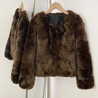 OFTBUY Women's Brown Patchwork Real Rex Rabbit Fur Short Coat V-Neck Open Front Fur Jacket Female New Autumn Winter Outerwear
