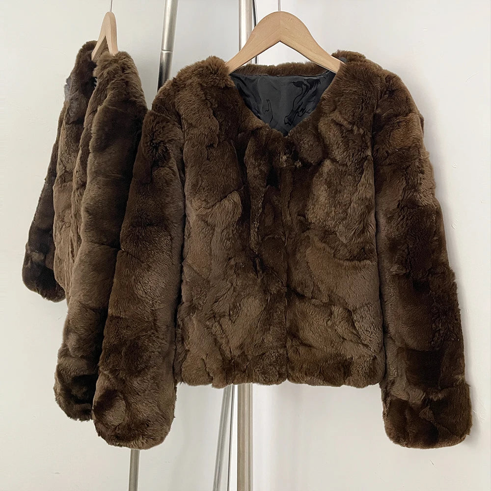 OFTBUY Women's Brown Patchwork Real Rex Rabbit Fur Short Coat V-Neck Open Front Fur Jacket Female New Autumn Winter Outerwear