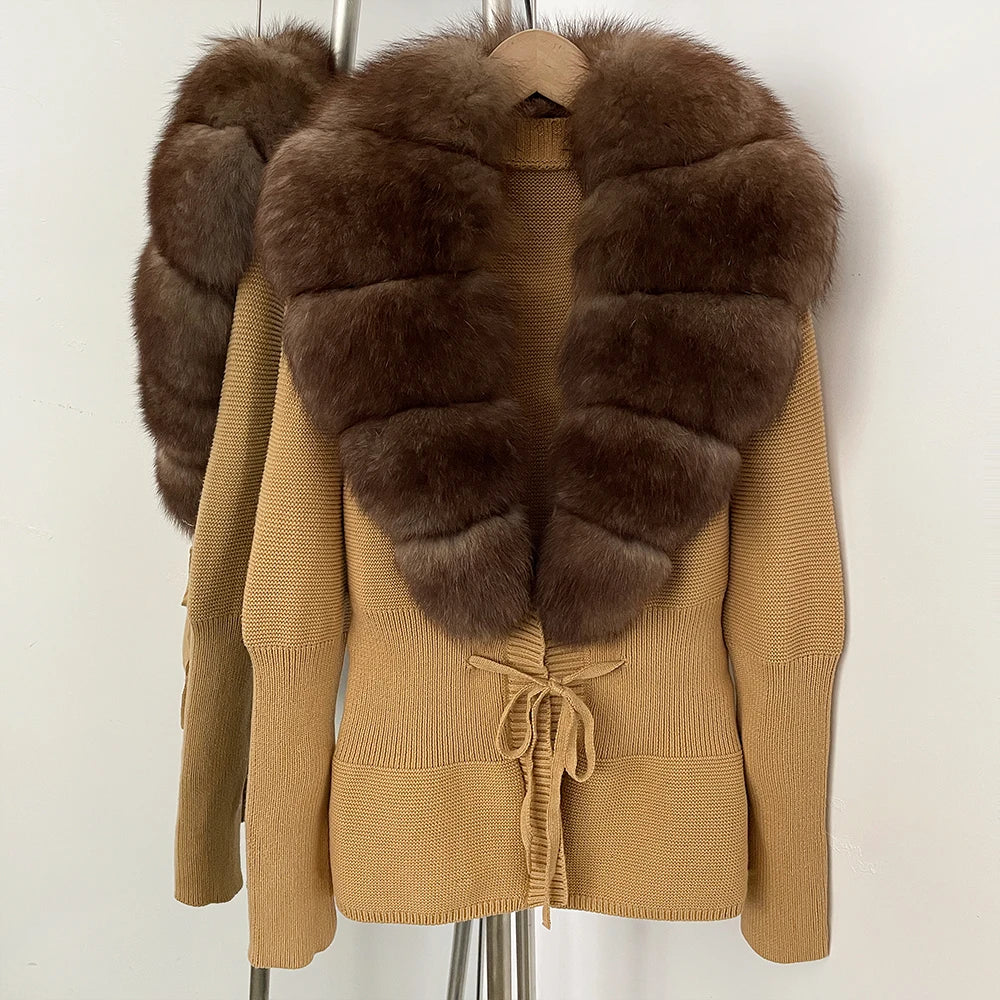 OFTBUY Luxury 100% Cotton Jacket with Real Fox Fur Collar New Autumn Winter Knit Cardigan Women Slim Warm Sweater Outerwear Lady
