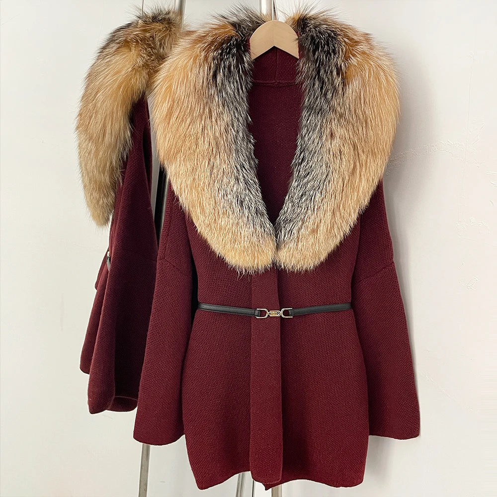 OFTBUY New Autumn Winter Luxury Fashion Outerwear Lady Women's Knit Coat with Large Real Fox Fur Collar Belt Textured Knit Warm