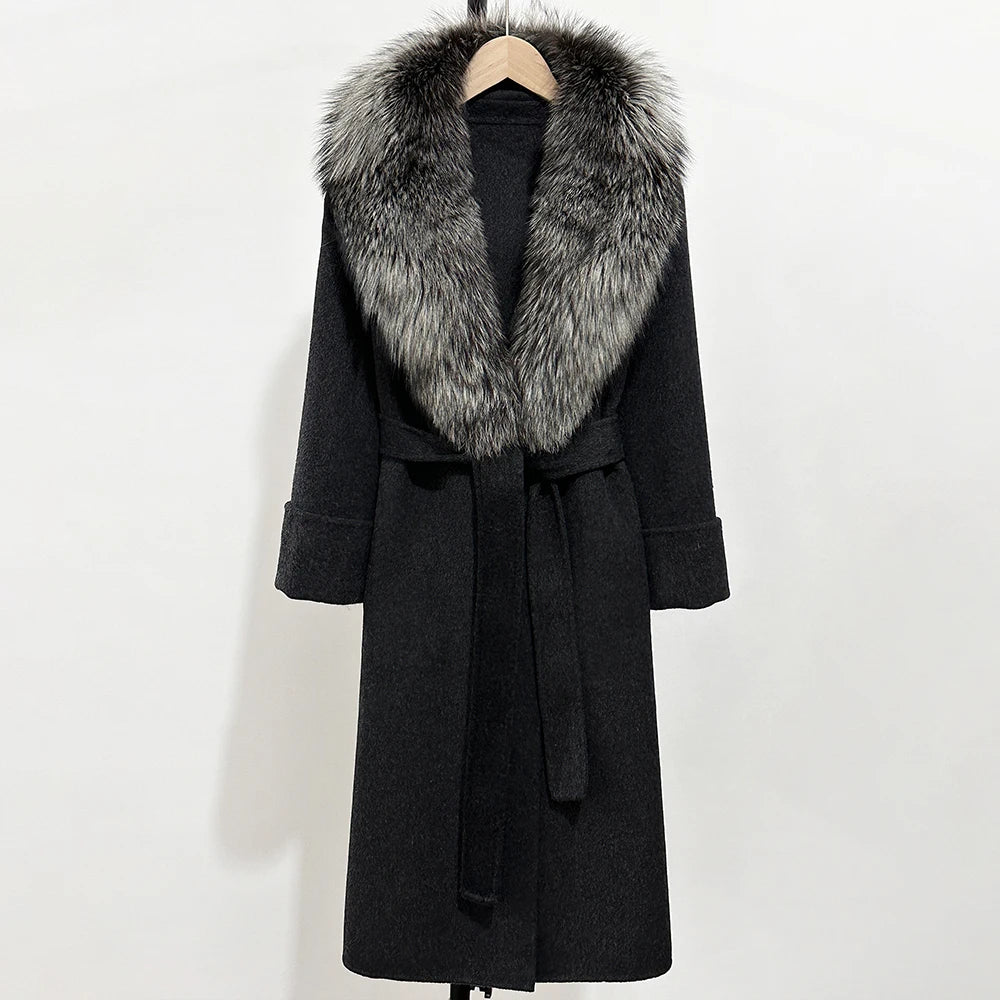 OFTBUY Long Belt 100% Wool Coat with Real Fox Fur Collar Warm Natural Fur Woolen Jacket Female New Autumn Winter Clothing Women