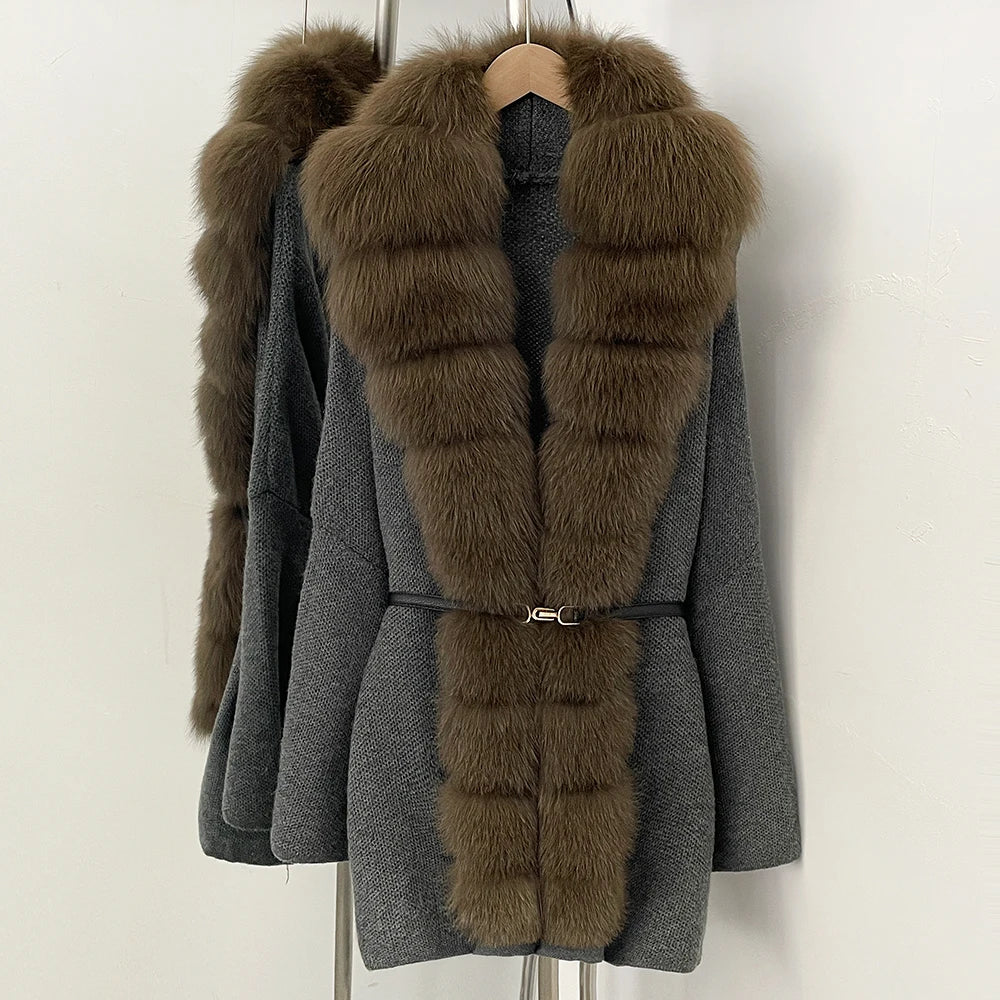OFTBUY Metal Belt Knit Warm Winter Luxury Fashion Outerwear Sweater Cardigan New Women's Knit Coat with Full Real Fox Fur Front
