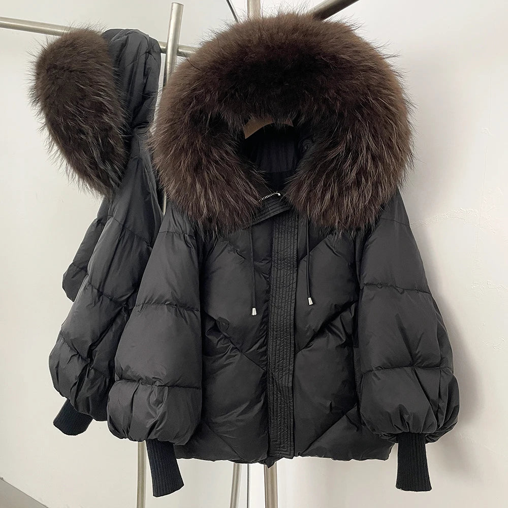 OFTBUY Thicken Warm Knitted Sleeve Coat New Winter Large Real Fur Hooded Puffer Jacket Women White Duck Down Mid Long Parka