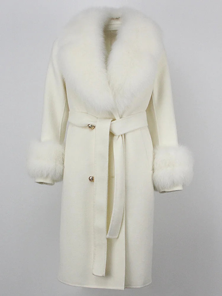 OFTBUY Winter Jacket Women Long Natural Wool Blends Cashmere Real Fur Coat Double Breasted Belt Warm Streetwear New Fashion
