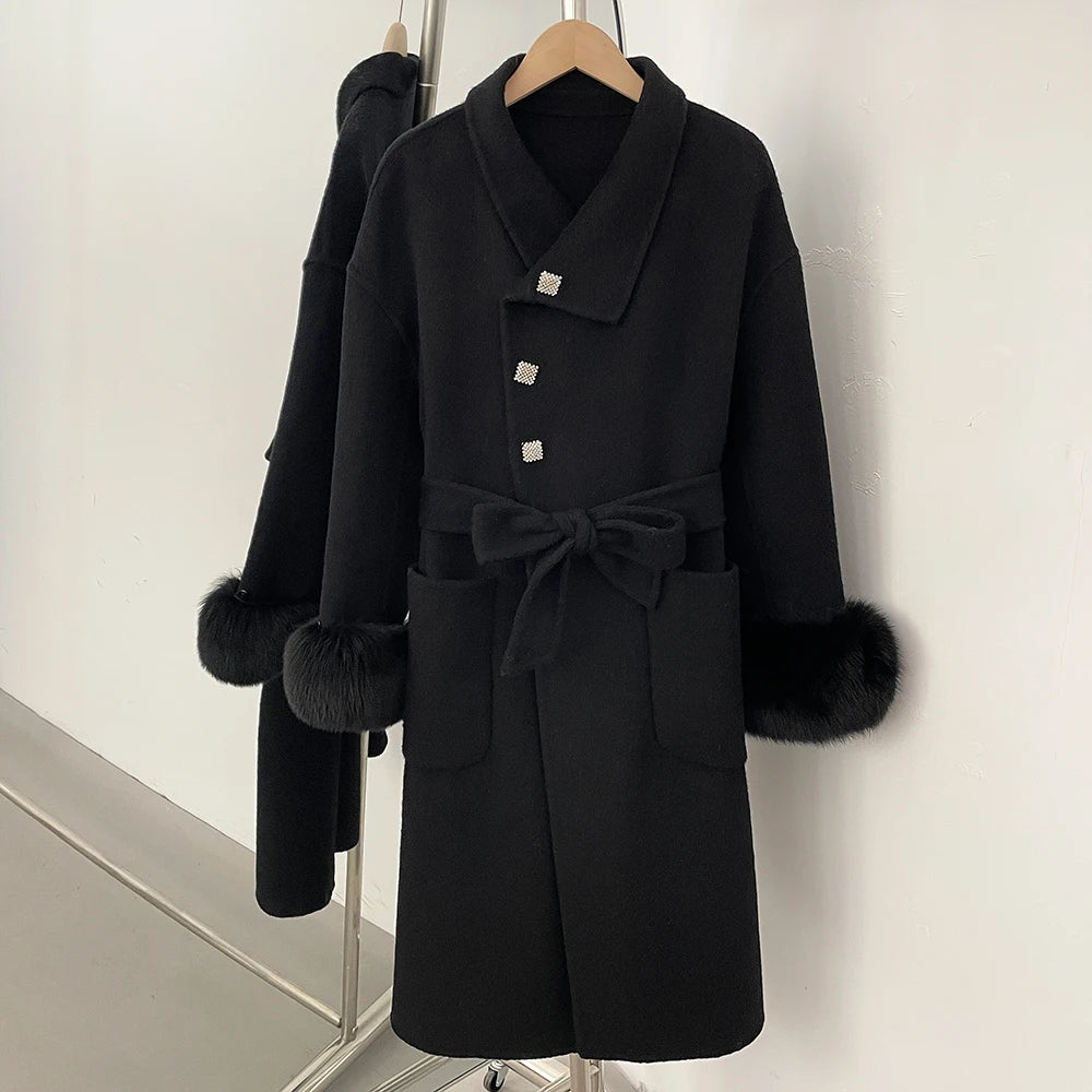 OFTBUY New Autumn Winter Top Clothes Women Fashion Warm Long Belt Wool Coat Female Natural Fox Fur Cashmere Woolen Jacket