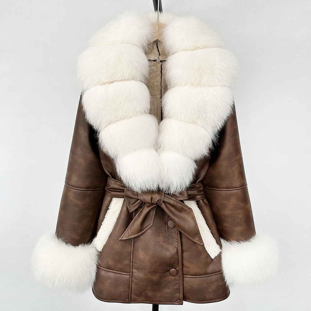 OFTBUY Large Natural Fox Fur Women Faux Leather Jacket Autumn Winter Fashion Ladies Warm Retor Faux Lamb Fur Coat Outwear