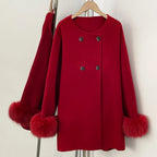 OFTBUY New Women's Double-Faced Wool Coat with Real Fox Fur Cuffs Round Neck Warm Winter Elegant Fashion Outerwear Woolen Coat
