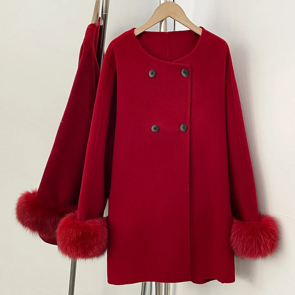 OFTBUY New Women's Double-Faced Wool Coat with Real Fox Fur Cuffs Round Neck Warm Winter Elegant Fashion Outerwear Woolen Coat