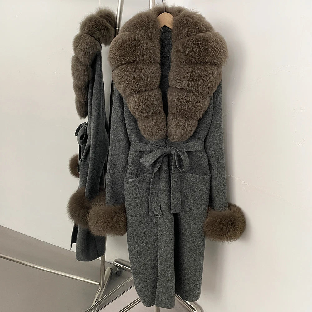 OFTBUY New Cardigan Autumn Winter Long Knit Clothing Women Loose Warm Belt Sweater Jacket with Real Fox Fur Collar and Cuffs