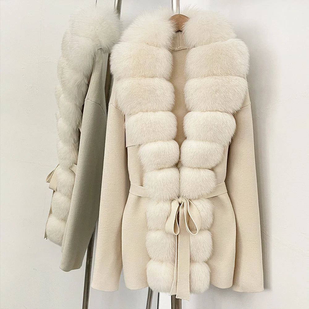 OFTBUY Luxury Warm Winter Fashion Outerwear New Women's Knit Cardigan with Oversized Real Fox Fur Trim Self-Tie Belt Sweater
