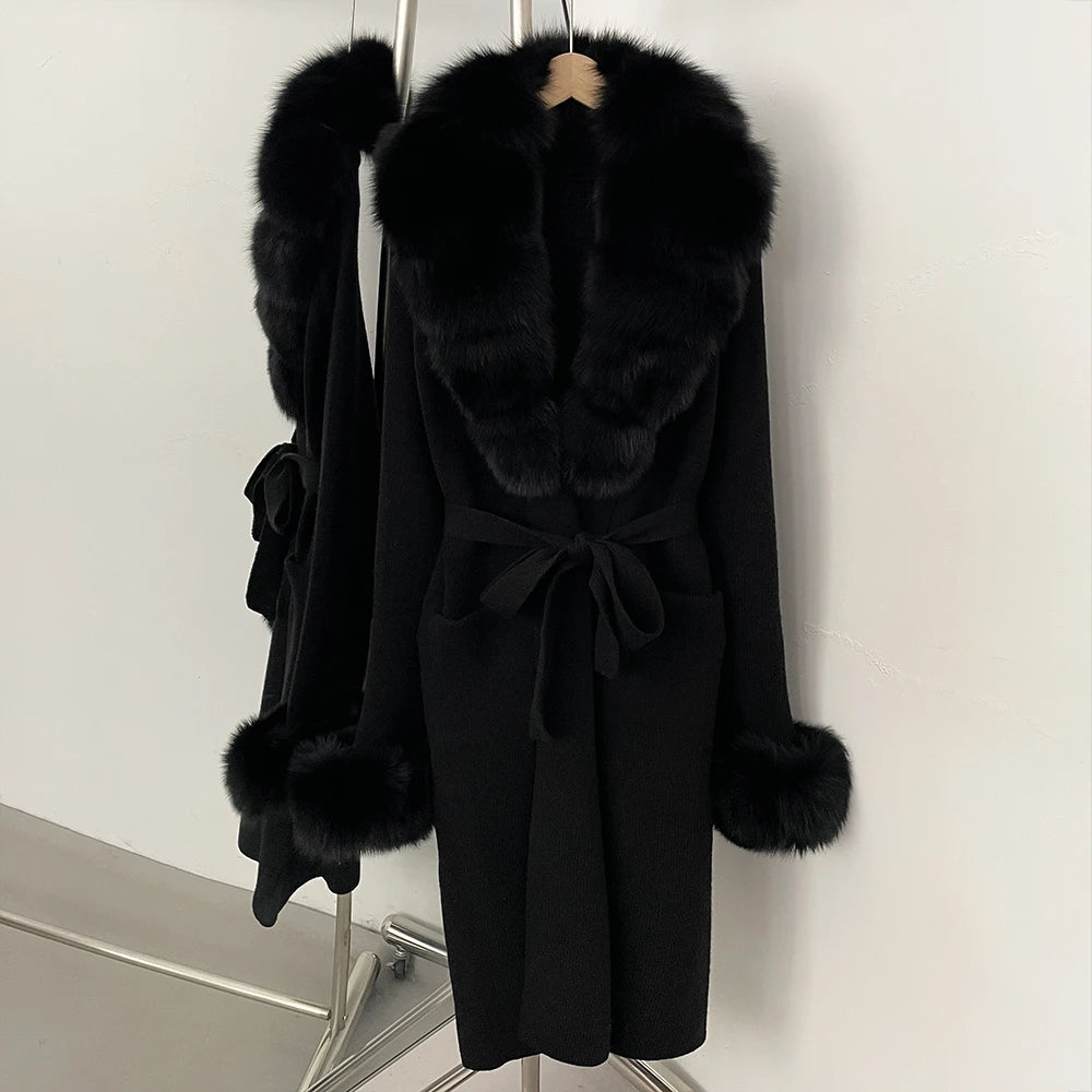 OFTBUY New Cardigan Autumn Winter Long Knit Clothing Women Loose Warm Belt Sweater Jacket with Real Fox Fur Collar and Cuffs