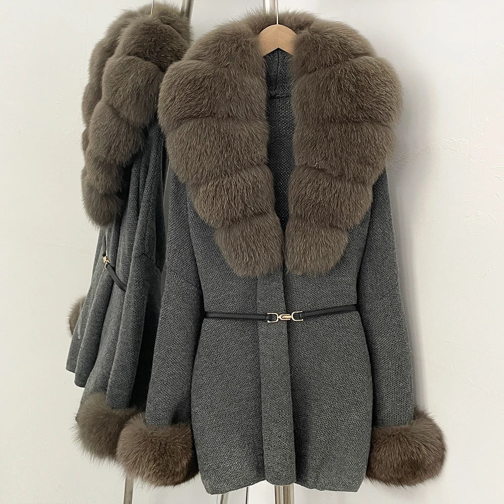 OFTBUY Belt Knit Warm Winter Luxury Casual Fashion Outerwear Sweater Female New Women's Knit Coat with Large Real Fox Fur Collar