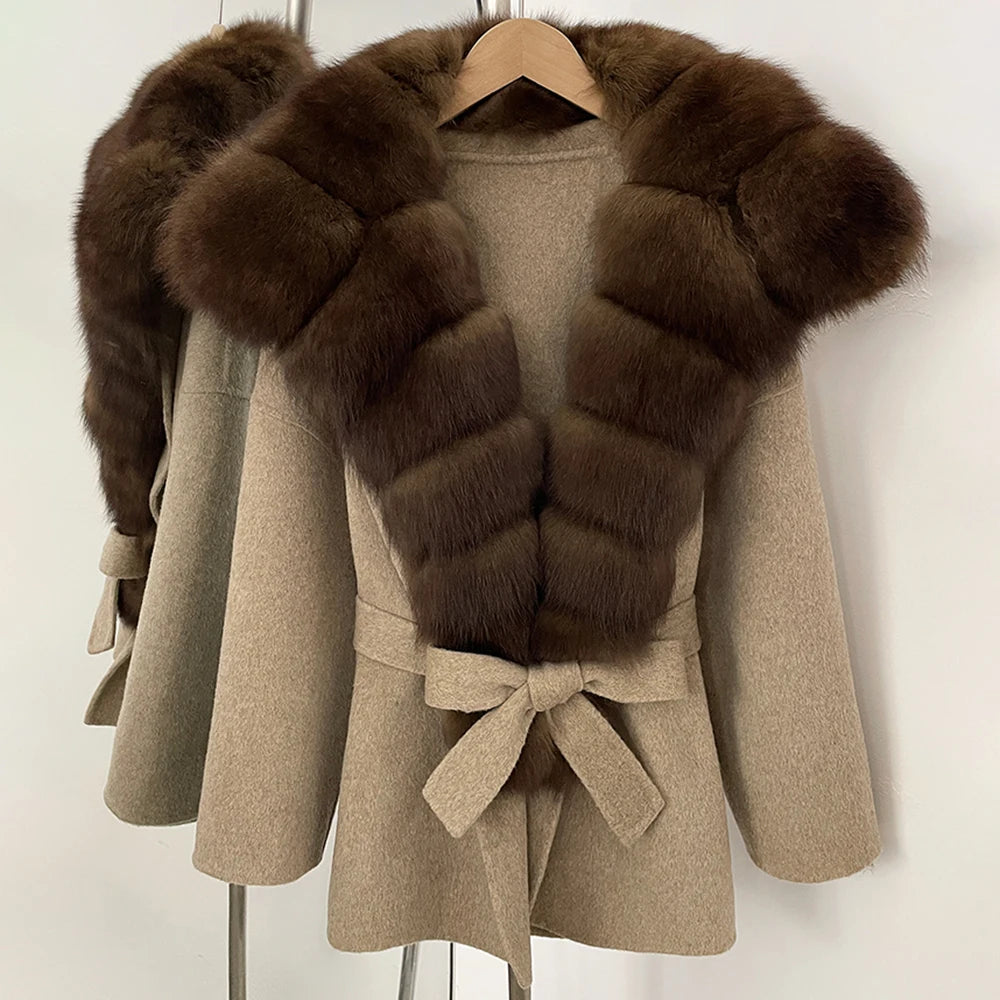 OFTBUY Belt Real Fox Fur Wool Coat Female New Autumn Winter Warm Clothes Women Natural Fox Fur Collar Cashmere Woolen Jacket
