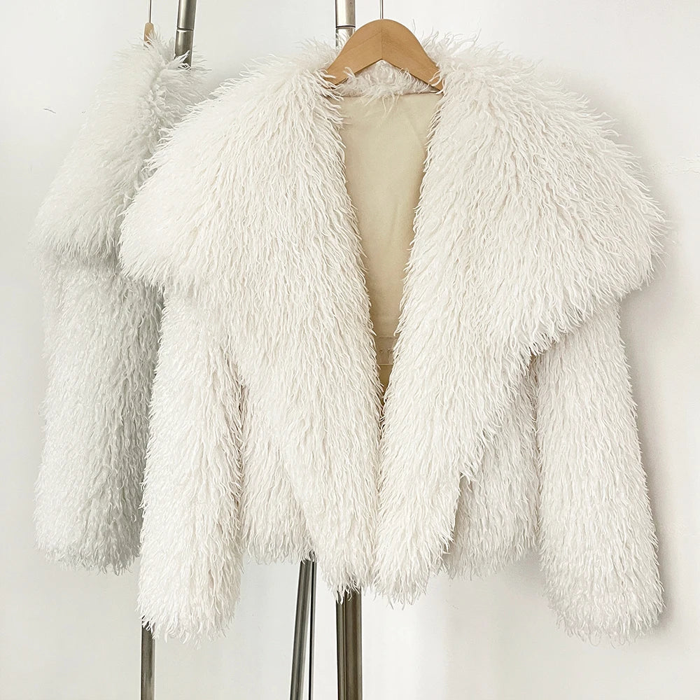 OFTBUY New Autumn Winter Clothes Women Fashion Big Collar Artificial Mongolia Sheep Fur Jacket Luxury Faux Fur Coat Fake Fur Overcoat