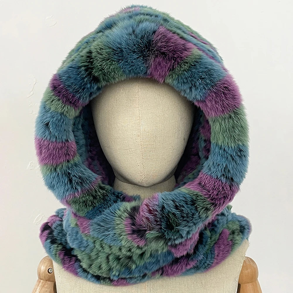 OFTBUY Thick Warm Windproof Natural Rabbit Fur Hat with Scarf Women New Winter Cute Cycling Cap Child Fluffy Rea Fur Neckerchief
