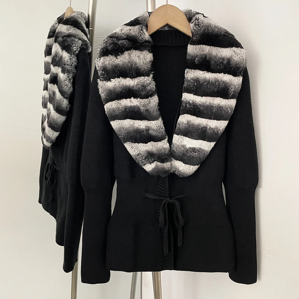 OFTBUY Drawstring Waist Slim Fit Jacket Warm Winter Outerwear New Women's 100% Cotton Knit Cardigan with Striped Rex Rabbit Fur