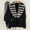 OFTBUY Drawstring Waist Slim Fit Jacket Warm Winter Outerwear New Women's 100% Cotton Knit Cardigan with Striped Rex Rabbit Fur