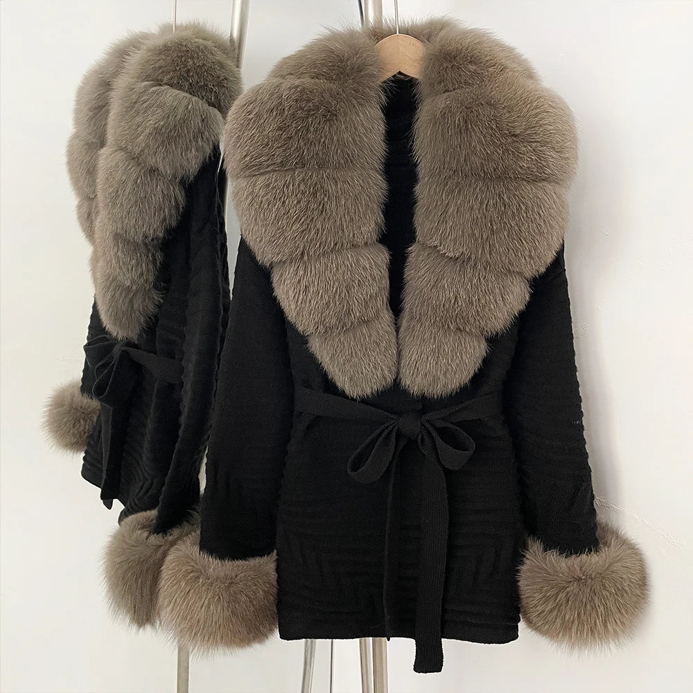 OFTBUY Belted Waist Striped Texture Pockets New Women's Knit Coat with Large Real Fox Fur Collar Winter Luxury Elegant Outerwear