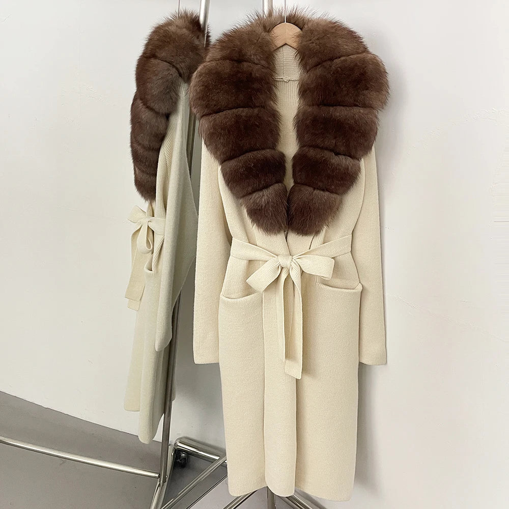 OFTBUY Women's Luxury Brown Knit Cardigan with Real Fox Fur Collar Belted Sweater Coat Female New Fashion Warm Winter Outerwear