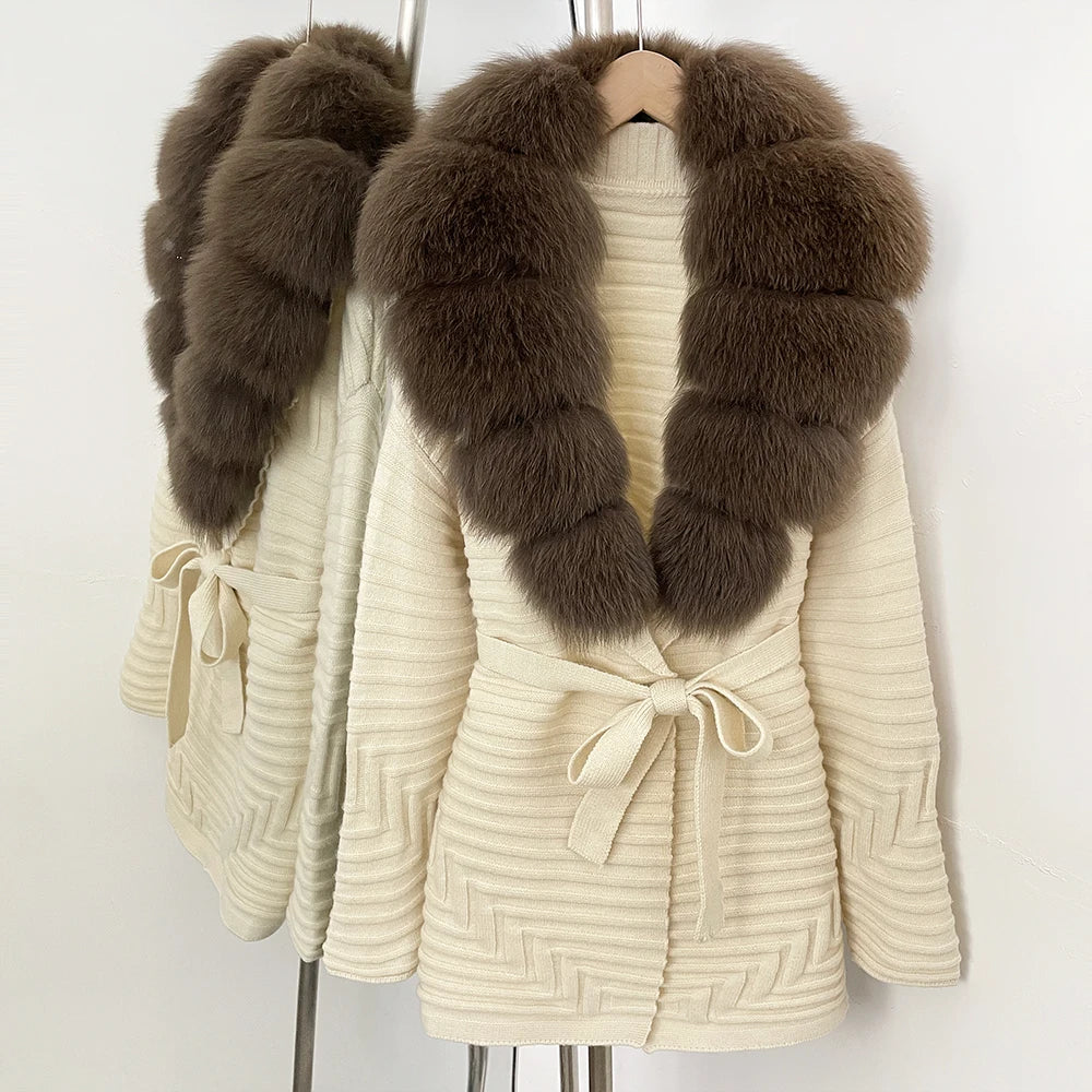OFTBUY New Women's Knit Coat with Large Real Fox Fur Collar Belted Waist Striped Texture Pockets Winter Luxury Elegant Outerwear