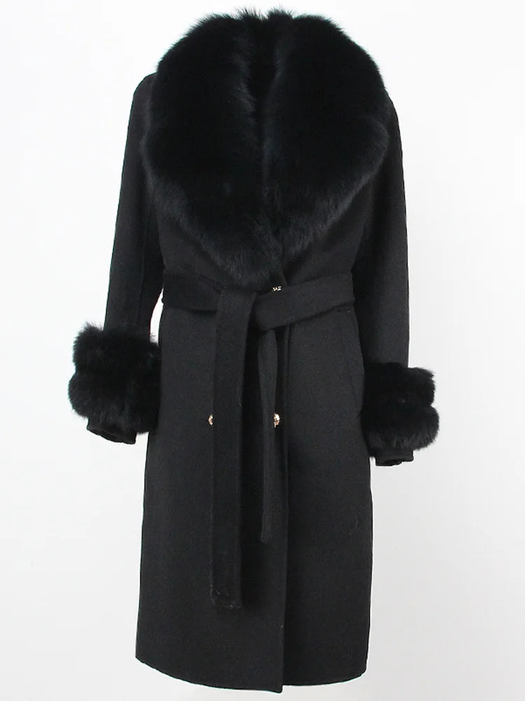OFTBUY Winter Jacket Women Long Natural Wool Blends Cashmere Real Fur Coat Double Breasted Belt Warm Streetwear New Fashion