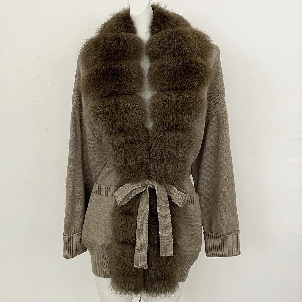 OFTBUY Trim Belted Waist Warm Winter Luxury Fashion Outerwear Sweater Female New Women's Knit Cardigan with Large Real Fox Fur