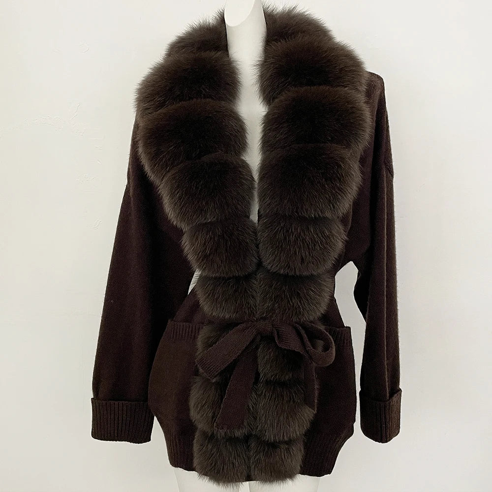 OFTBUY Trim Belted Waist Warm Winter Luxury Fashion Outerwear Sweater Female New Women's Knit Cardigan with Large Real Fox Fur