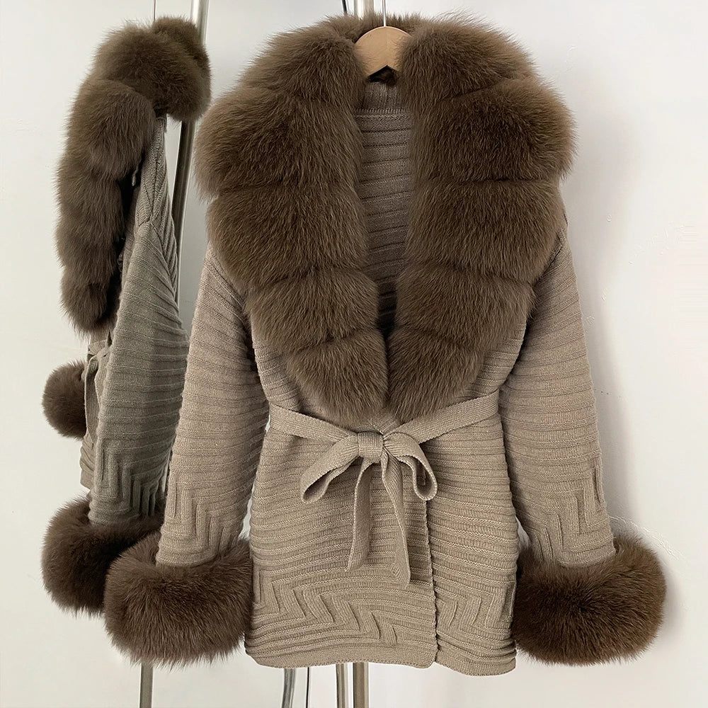 OFTBUY Belted Waist Striped Texture Pockets New Women's Knit Coat with Large Real Fox Fur Collar Winter Luxury Elegant Outerwear