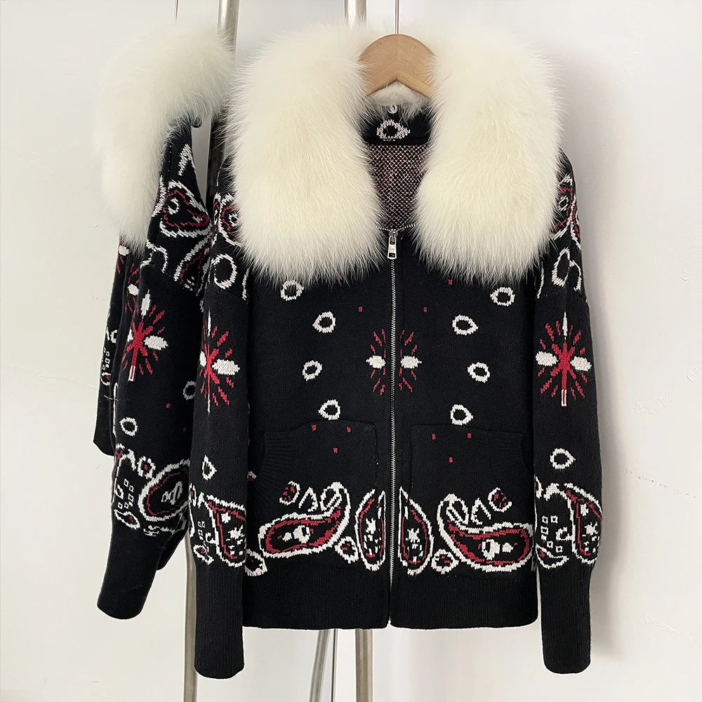 OFTBUY Women's Vintage Real Fox Fur Collar Knit Cardigan Paisley Print Zip Up Sweater Jacket Female Warm Winter Luxury Outerwear