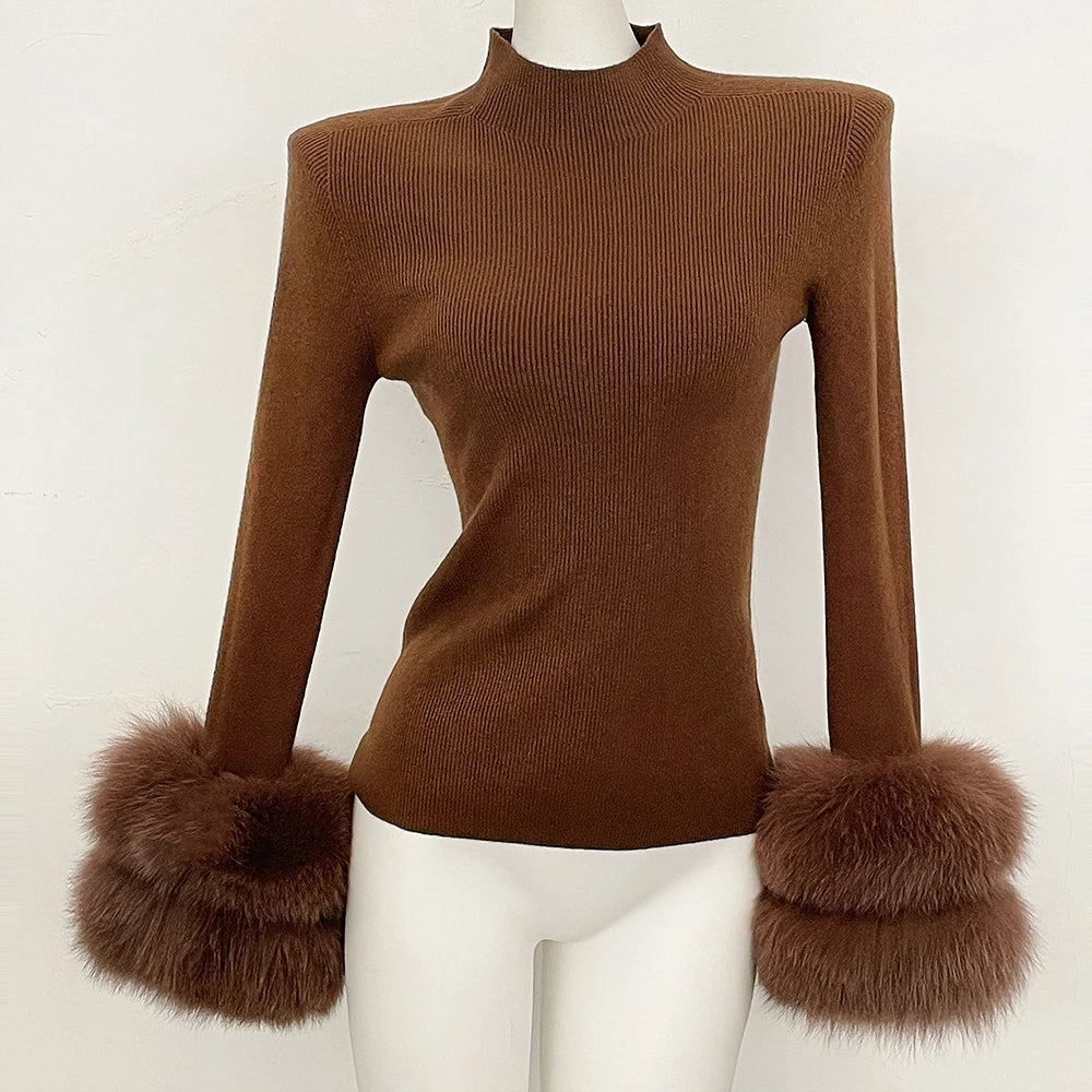 OFTBUY Luxury Mock Neck Ribbed Knit Top with Oversized 100% Real Fox Fur Cuffs