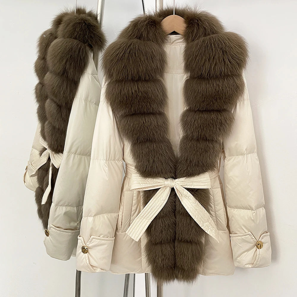 OFTBUY Luxury Women's Down Jacket women Warm Winter Parka Outerwear Duck Down Real Fox Fur Collar Belted Puffer Coat female