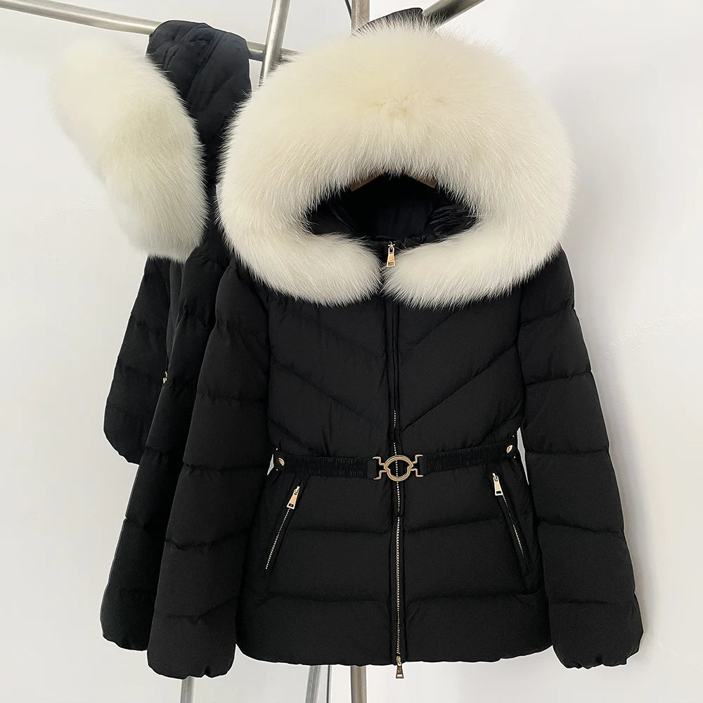 OFTBUY Belt Slim Hooded Real Fox Fur Collar Jacket Female New Winter Top Clothing Women Thickened Warm Raccoon Fur Fluffy Coat