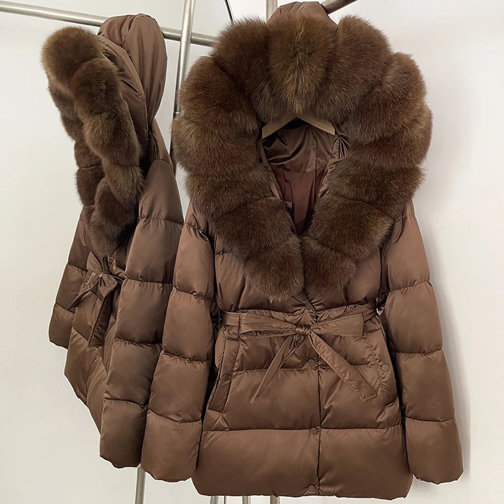 OFTBUY New Women's Duck Down Jacket with Large Real Fox Fur Hood Belted Waist Warm Winter Puffer Coat Lady Luxury Outerwear